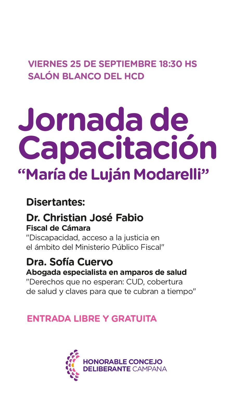 Flyer de la Jornada de Capacitación "María de Luján Modarelli"
